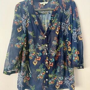 Cleo Modern Boho Sheer Floral Blouse | Navy Blue Botanical Button Down